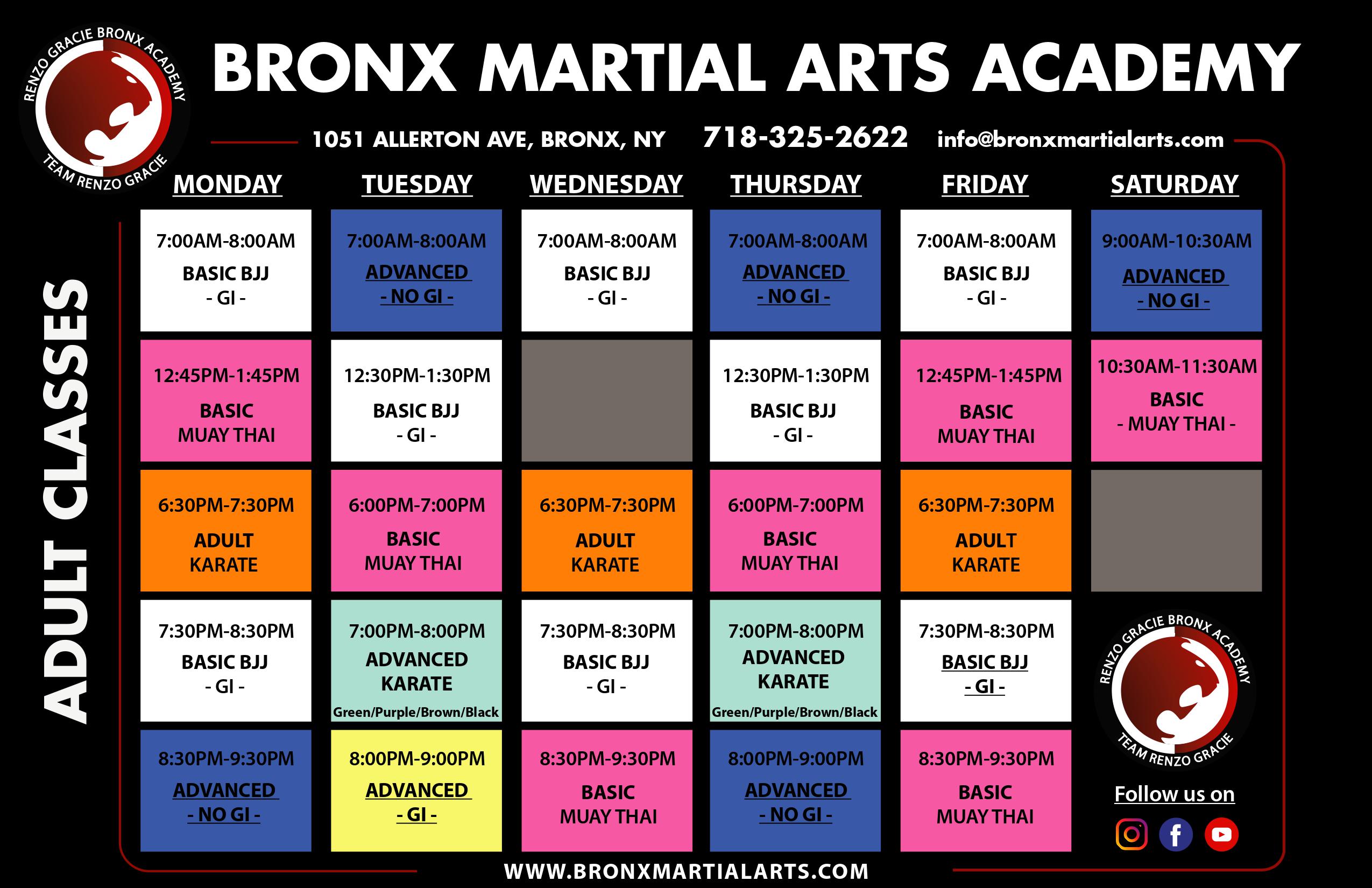 Martial Arts Schedule for Bronx Martial Arts
