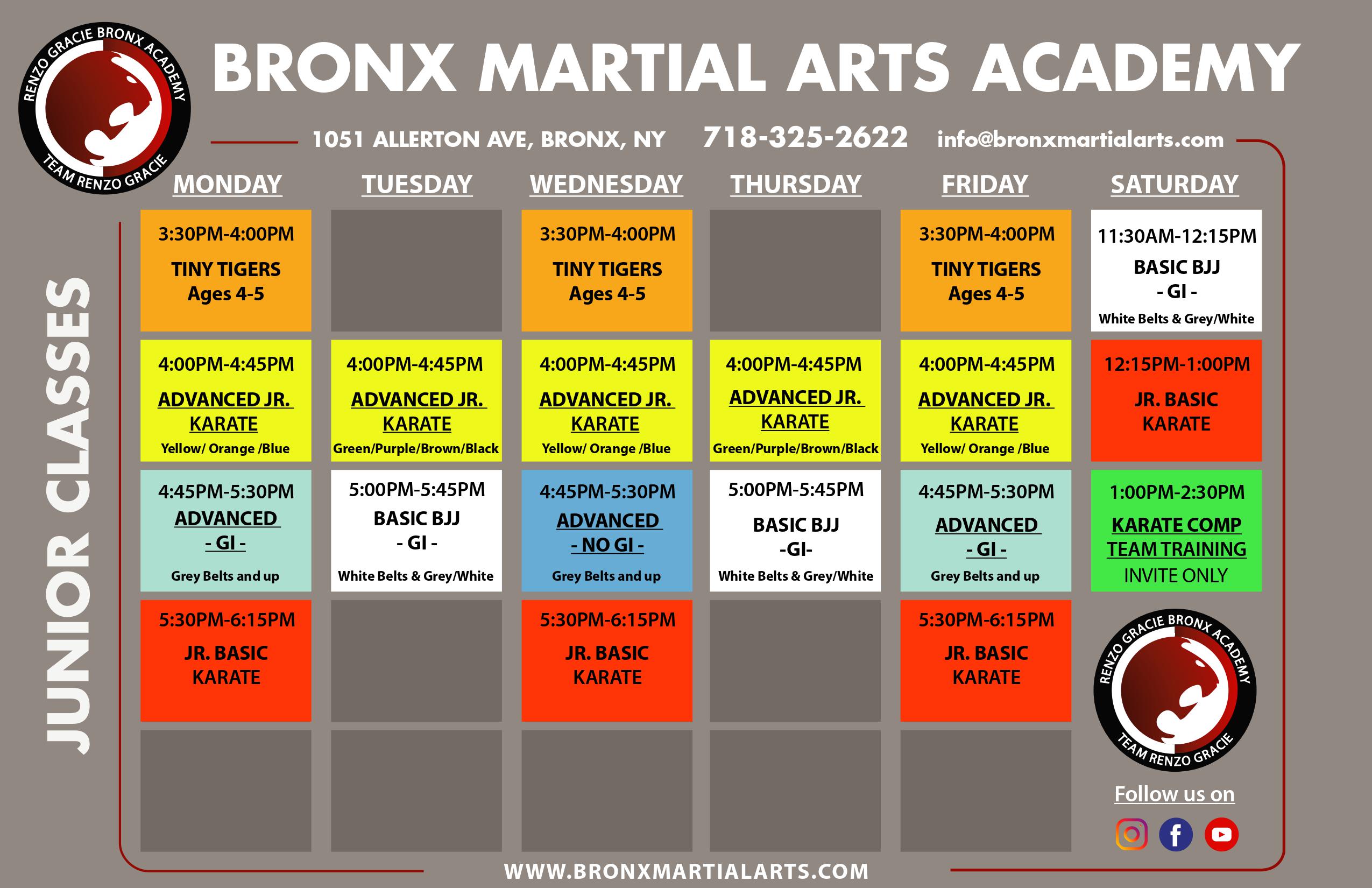 Junior Schedule for Bronx Martial Arts Academy